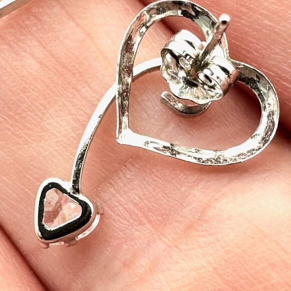 Womens Earrings 10K White Gold Cubic Zirconia Heart Studs - Picture 5 of 5